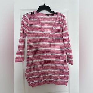 Jeanne Pierre 100% cotton crochet pink and white striped beach coverup medium